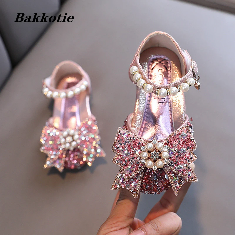 

GirlS Flats 2022 Spring Baby Shoes Kids Fashion Mary Jane Brand Toddler Princess Party Dress Glitter Pearl Bow Soft Sole 21-36