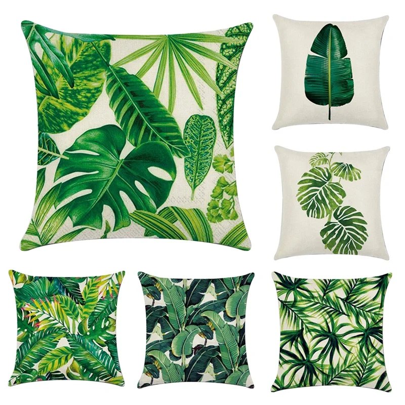

Лидер продаж, искусственная зеленая листья, Тропическое растение, наволочка для подушки, льняная наволочка, домашний декор, квадратная наво...