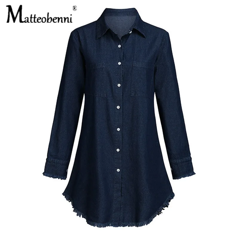 New 2021 Summer Fashion Women Tassels Denim Shirt Vintage Blue Pocket Jean Blouse Casual Loose Long Sleeve Ladies Streetwear Top cute blouses