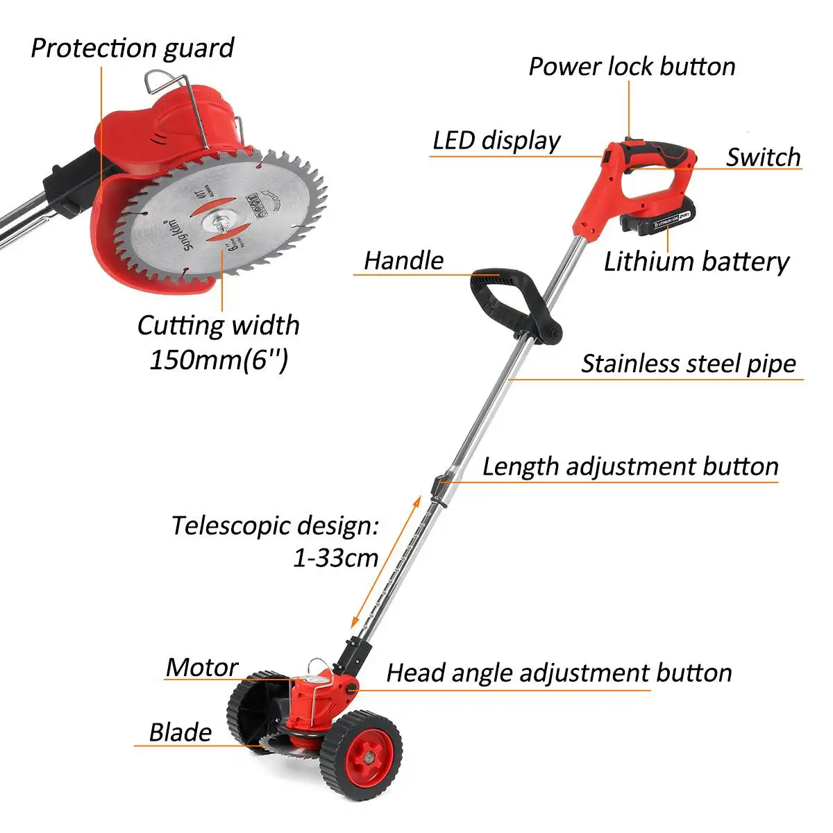

1500W 24V Electric Grass Trimmer Garden Lawn Mower Rechargeable Cordless Grass Pruning Tool machine For Makita 2/1 Battery&Wheel