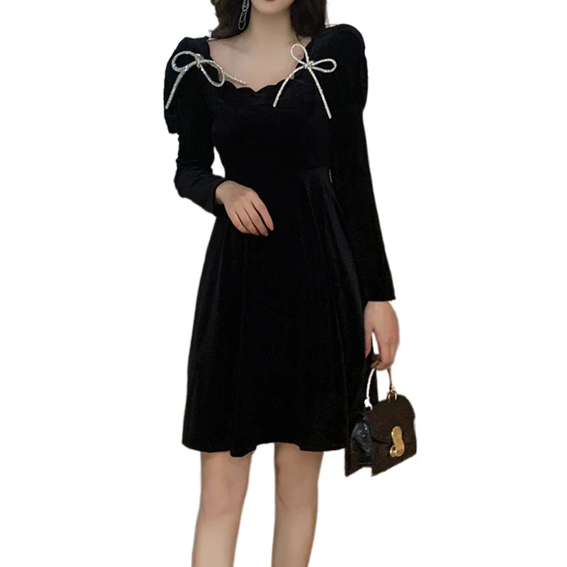 

Черное бархатное платье, готическое платье в стиле Лолиты, однотонное Плиссированное винтажное уличное платье, Осень-зима 2021, женские плать...
