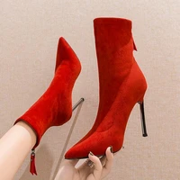 europea high heeled boots woman elastic socks boots womens mid calf boots pointed toes sexy booties chunky heel shoes red