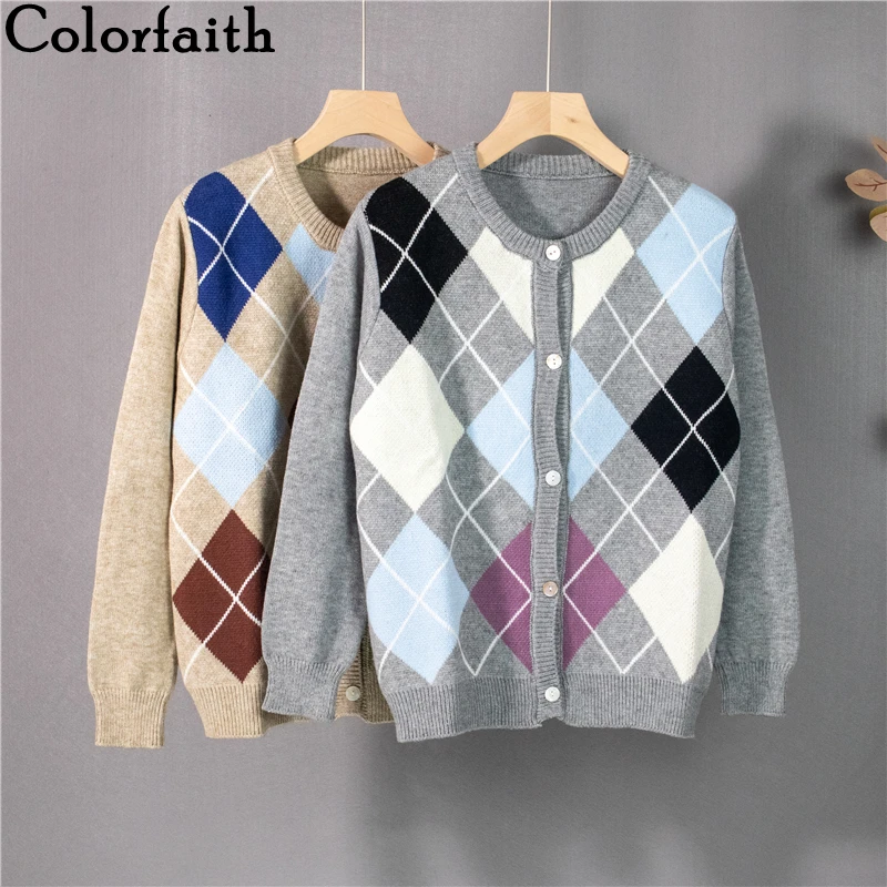 

Colorfaith New 2021 Women's Autumn Winter Sweaters Plaid Checkered Elegant Cardigans Vintage Wild Knitwear Short Tops SWC1364JX