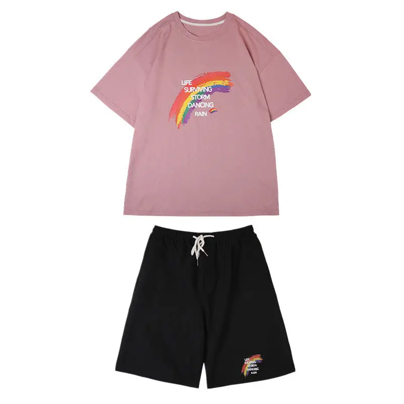 

2021 new street fashion men's and women's suits hip-hop cartoon men's short-sleeved T-shirts+casual elastic waist short sportswe