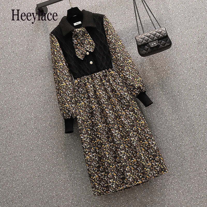 

Женское шифоновое платье-свитер, элегантное винтажное трикотажное платье составного кроя с длинным рукавом и принтом, Осень-зима размера п...