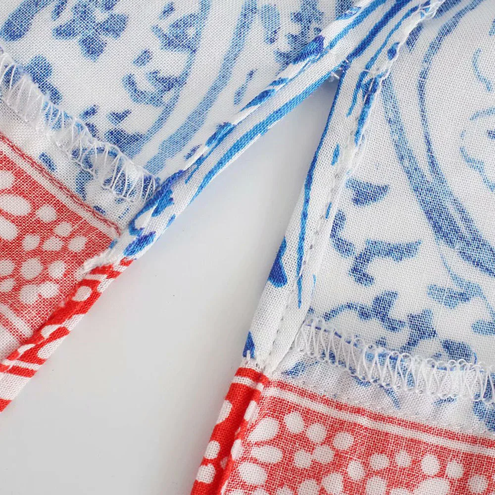 

2021ZA new women's European and American style positioning printing long-sleeved waist V-neck dress long skirt