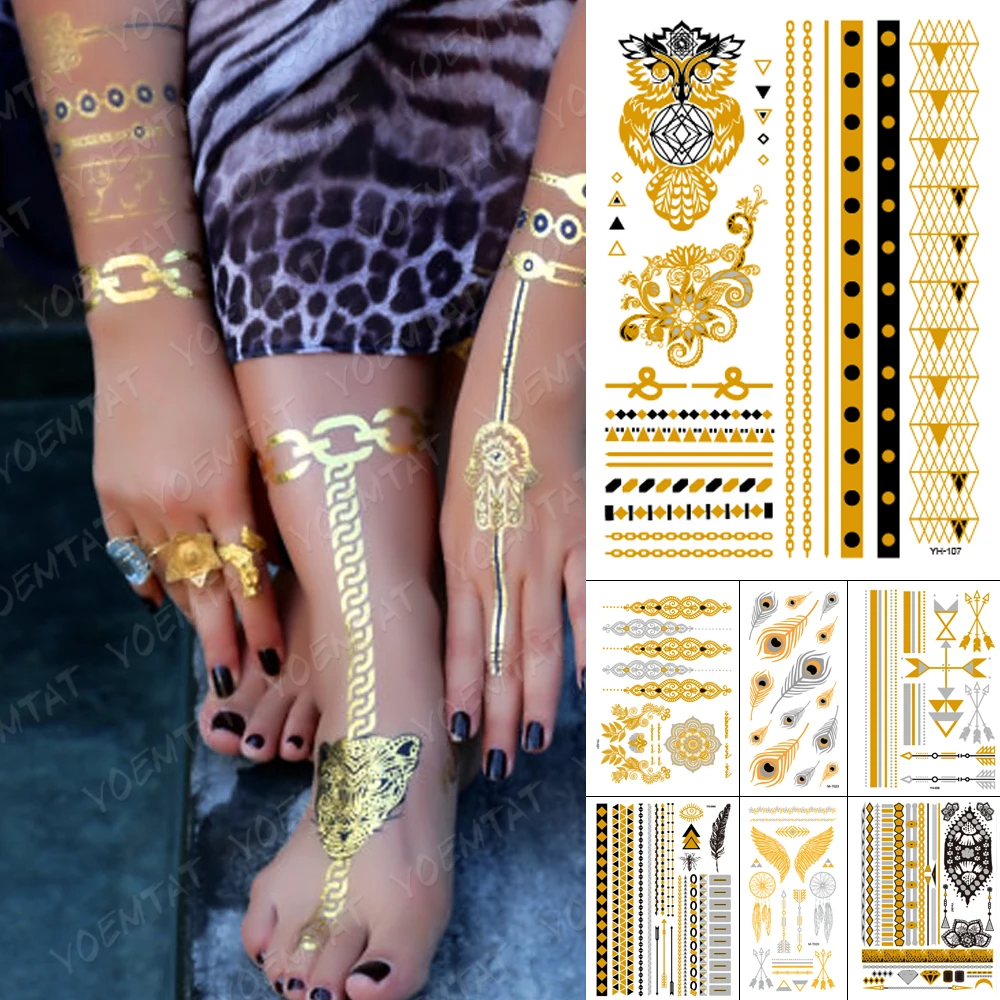 

Waterproof Temporary Tattoo Sticker Owl Feather Wings Bird Gold Silver Metallic Flash Tatoo Boho Henna Jewelry Glitter Body Art