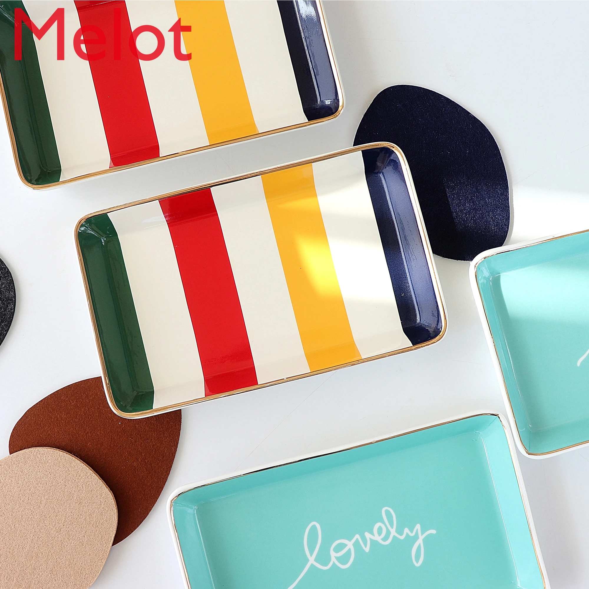 

Hand-Painted Personalized Creative Five-Color RainbowXuan Ya Contrast Color 24K Gold Rectangular Decorative Tray Storage Tray