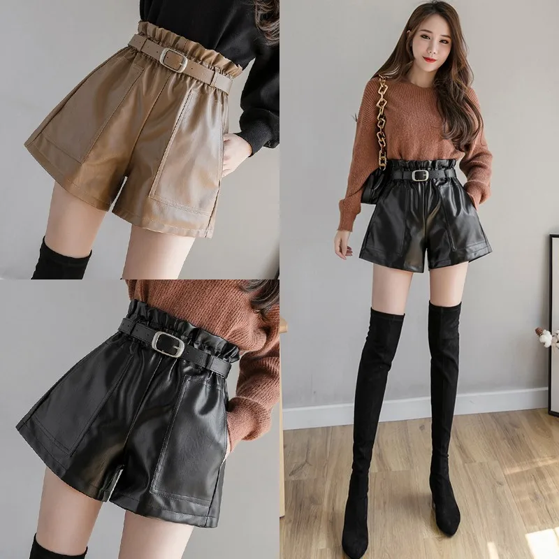 

Shorts Women's 2020 Autumn Wear PU Leather High Waisted Pockets Button Solid Casual Sashes Black Fashion Korean Ladies 0829