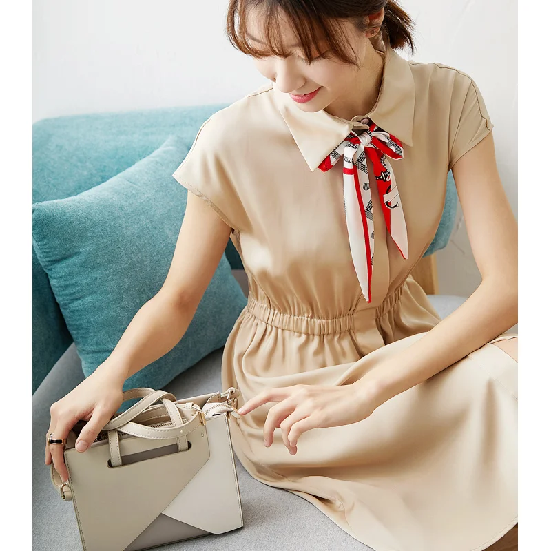 

New heavy weight silk dress women 2020 summer bow tie short sleeve mulberry silk temperament