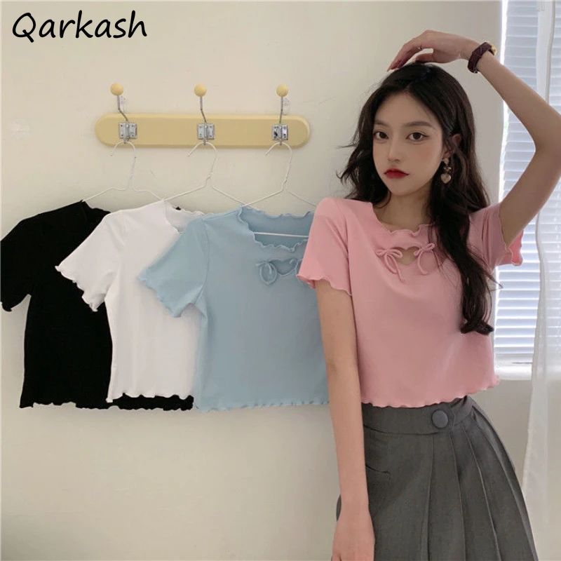 

Cropped T-shirts Women Hollow Out Design Summer Korean Style Lovely College Ladies Hot Sale Tops 4 Colors Trendy All-match Ins