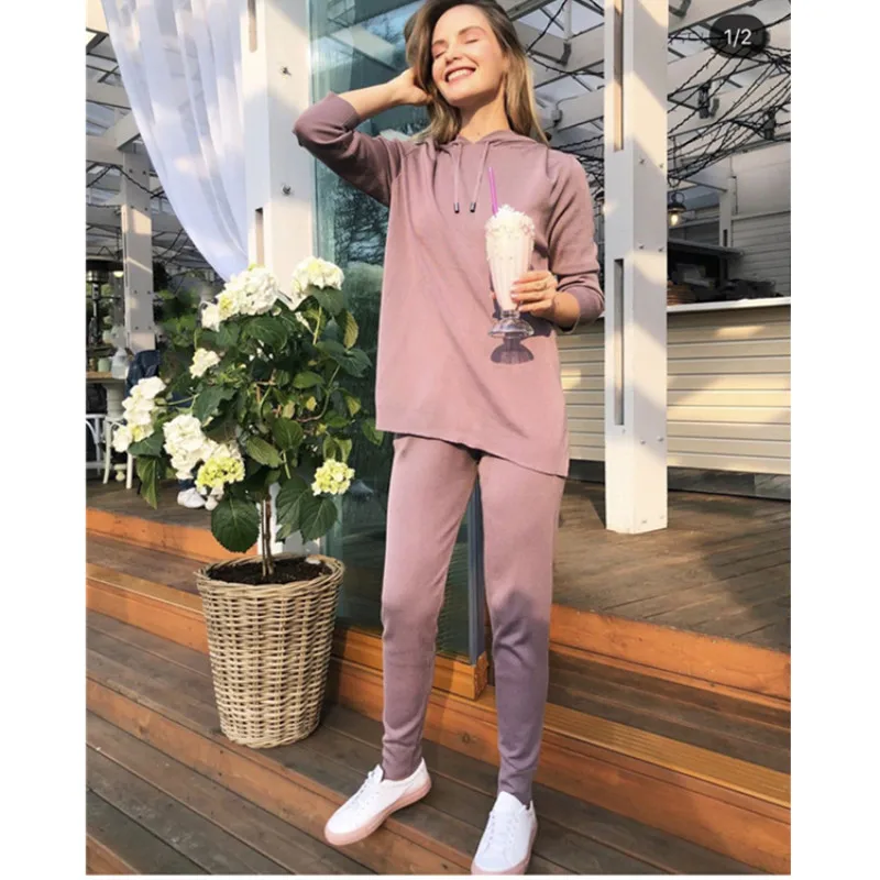 Новинка осени, женский костюм, ice silk, трикотажная толстовка с капюшоном+ брюки, повседневный женский костюм из двух частей
