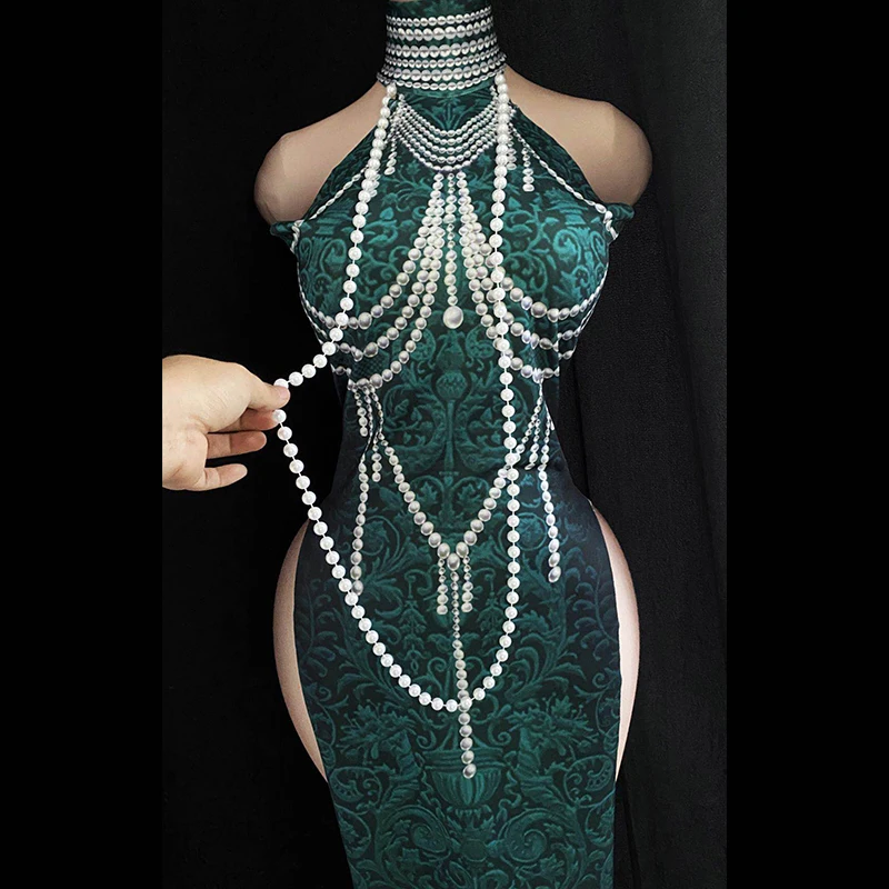 Женское длинное платье без рукавов qipao с жемчужинами и высоким разрезом