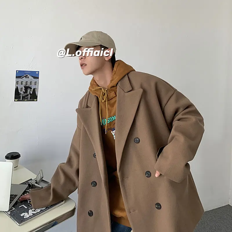 

Winter Men's Youth Tide Woolen Blends Loose Windbreaker Cashmere Trench Coats Solid Color Snow Jackets Cotton-padded Clothes