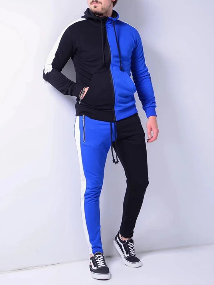 Men's Patchwork suits Outdoor training hooded coats casual sweatpants two-piece High quality Fitness brand clothing | Мужская одежда