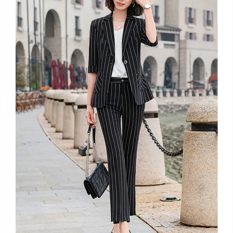 

White Striped Slim Blazer Summer Set For Women Korean Fashion Black Oversize Jacket Business Suit Office Clothes Two Piece Lady