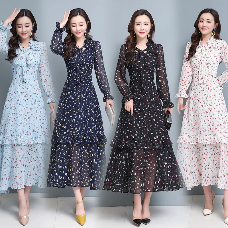 Женское винтажное шифоновое платье Элегантное Длинное с бантом и маленьким