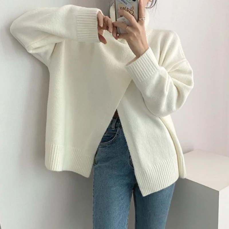 Женский вязаный свитер с разрезом винтажный теплый элегантный пуловер