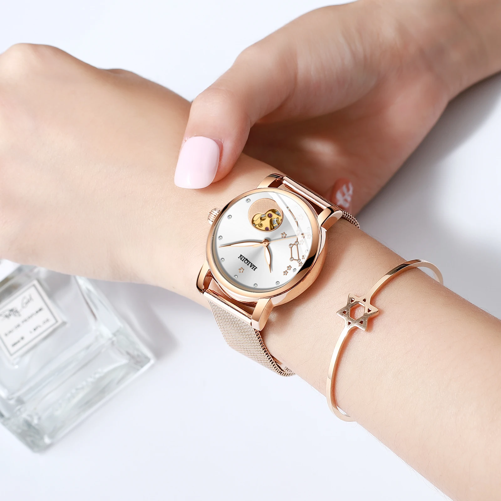 HAIQIN модные часы женские Топ бренд роскошные наручные механические кожа relogio feminino