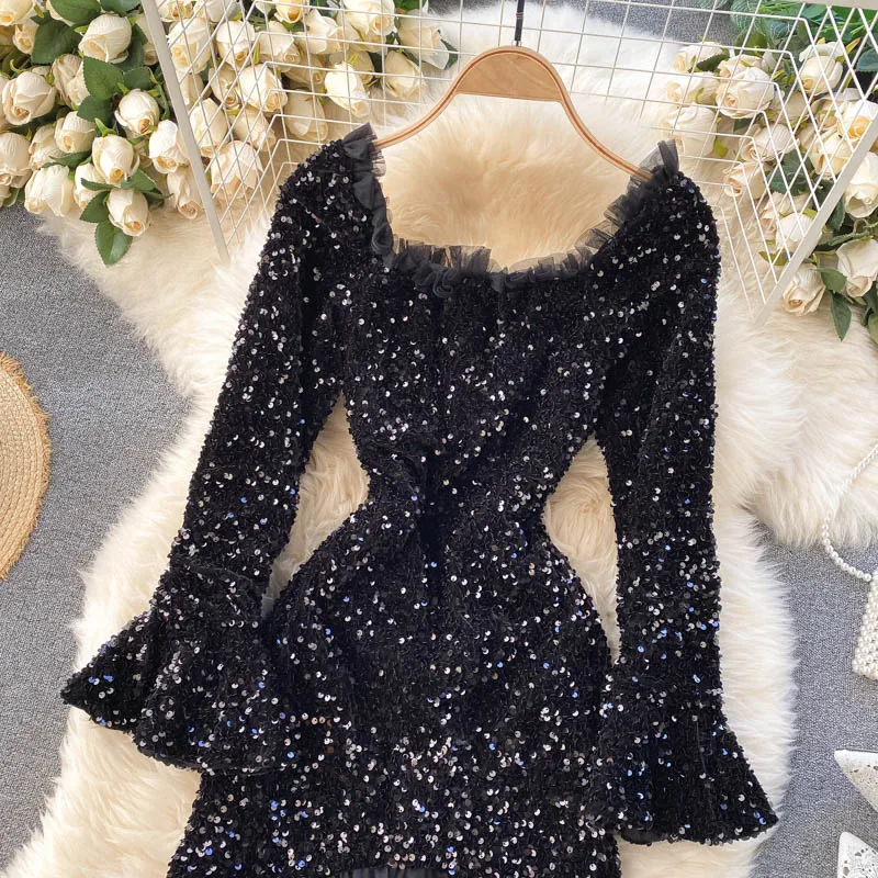

Women's spring summer runway fashion shiny sequins dress female sexy square collor fish tail party dress TB1415