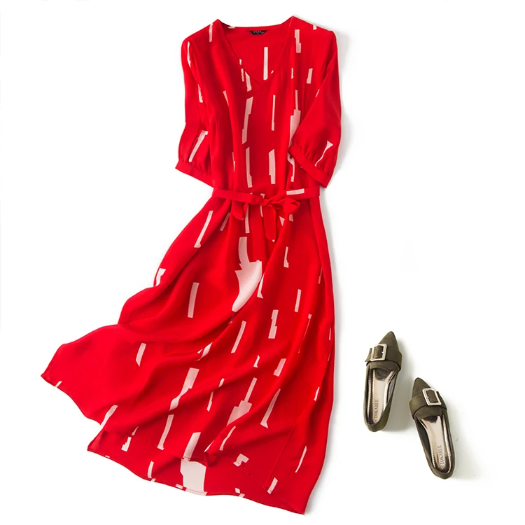 

New spring dress silk bright red white stripes thin V neck and long dress