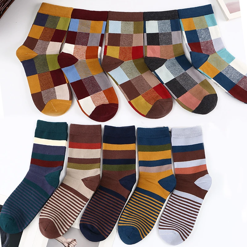 

Fashion 5 Pairs/Lot Combed Cotton Men's Socks Random Compression Socks Colorful Square Happy Dress Socks Men Size 39-45