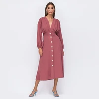 women ofifce lady front buttons party dress long sleeve sexy v neck solid elegant casual a line dress 2021 autumn fashion dress