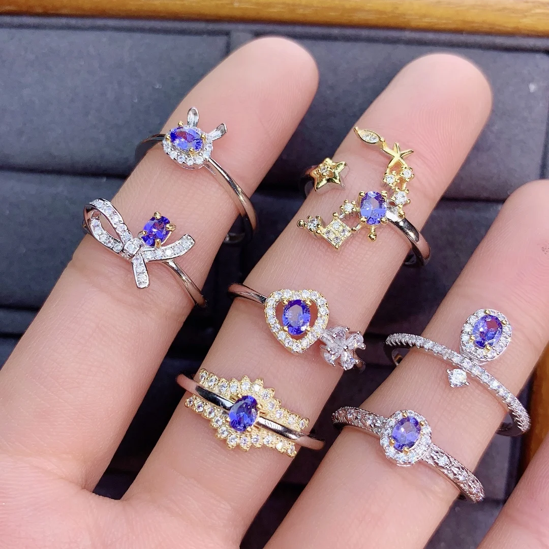 

3X4mm Tanzanite Zircon Women Natural Gemstone Jewelry 925 Silver Inlaid Adjustable Size Anillos Mujer C-shaped Ring Heart Shape