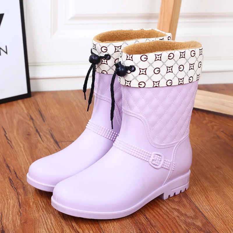 thicken purple Женские непромокаемые сапоги из хлопка со съемным средним голенищем для взрослых; модные Нескользящие женские непромокаемые сапоги; непромокаемая обувь - Цвет: thicken purple