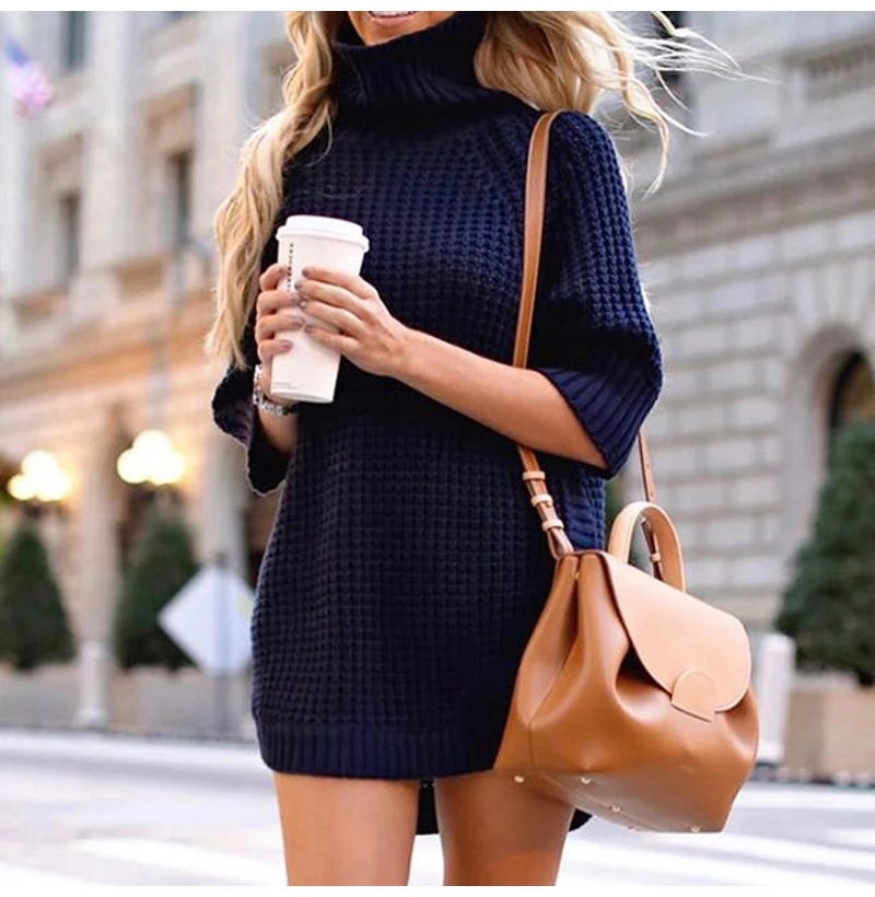 

High Collar Street Fashion Waffle Pullover Dress Women's Casual Long Sleeve Elegant Clothing 2021 Fashion Ladies Clothes