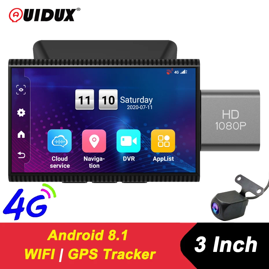 QUIDUX 4G Dash Cam 3 дюймов Смарт Видеорегистраторы для автомобилей 1080P видео Запись с WI FI