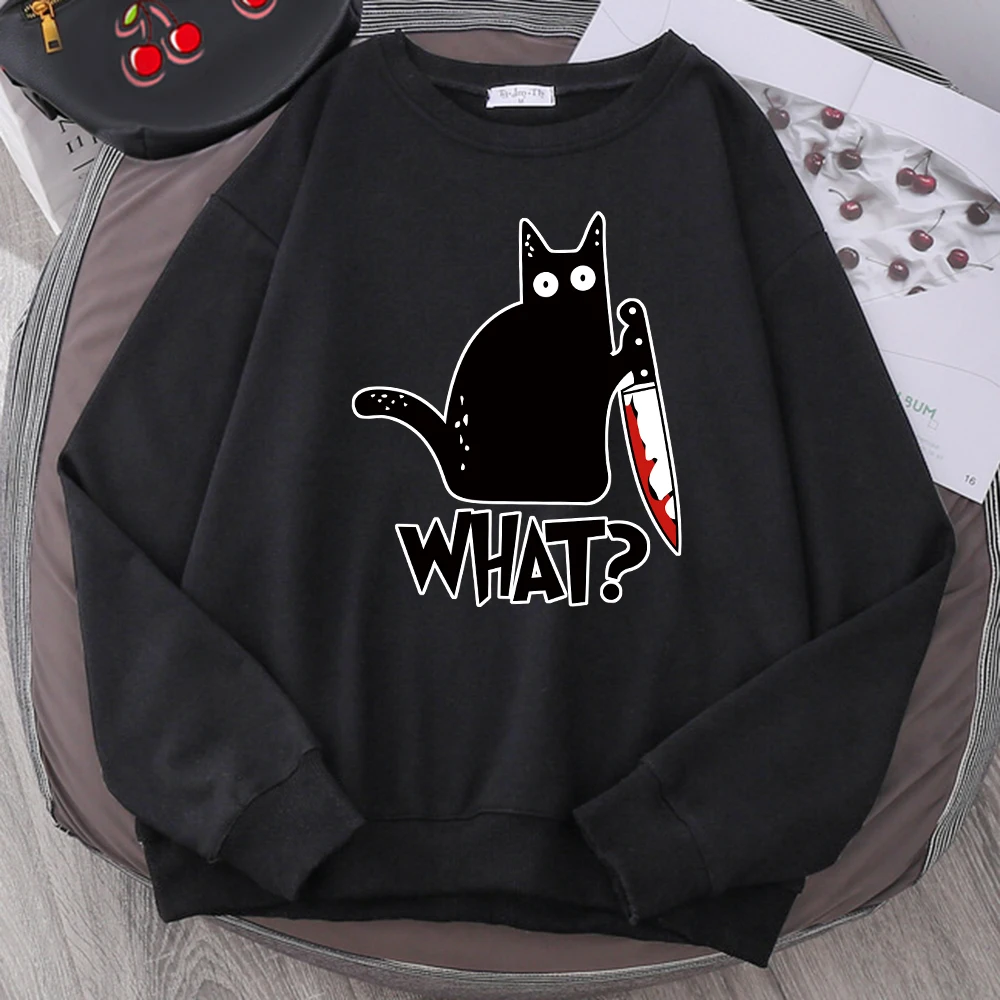 

Толстовки с маленьким черным котом и ножом, свитшот с забавным принтом букв, модная мужская толстовка в стиле Харадзюку, повседневный мужск...