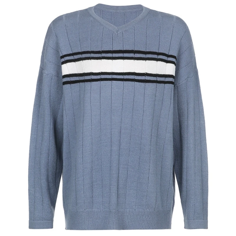 

Women Vintage Contrast Color Striped Sweater V-Neck Long Sleeve Casual Loose Pullover Top Preppy Style Knitted Jumper