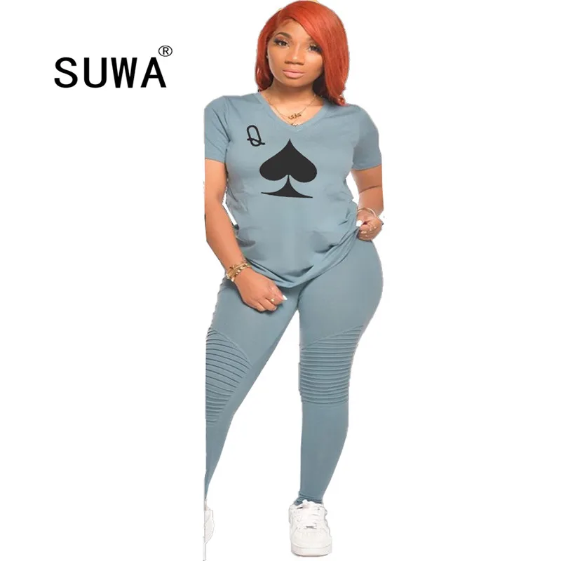 

New Product Vintage Women Set Spade Q Print V-neck T-shirt Pencil Jogger Pants Suit Tracksuit Matching Set Outfit Two Piece Set