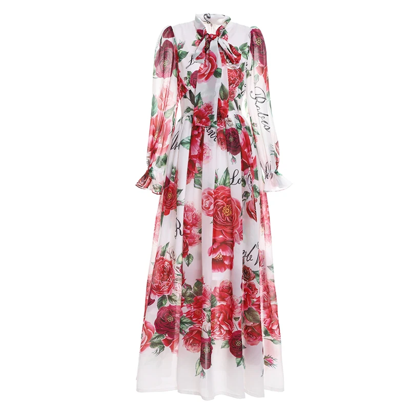 

Elegant Flare Sleeve Bow Collar Runway Designers Chiffon Floral Long Maxi Dress for Women Fashion Boho Holiday Party Robe Femme