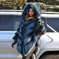 2022 real fox fur cape with hood women natural sliver fox fur jacket long winter full pelt genuine fur capes ponchos outwear