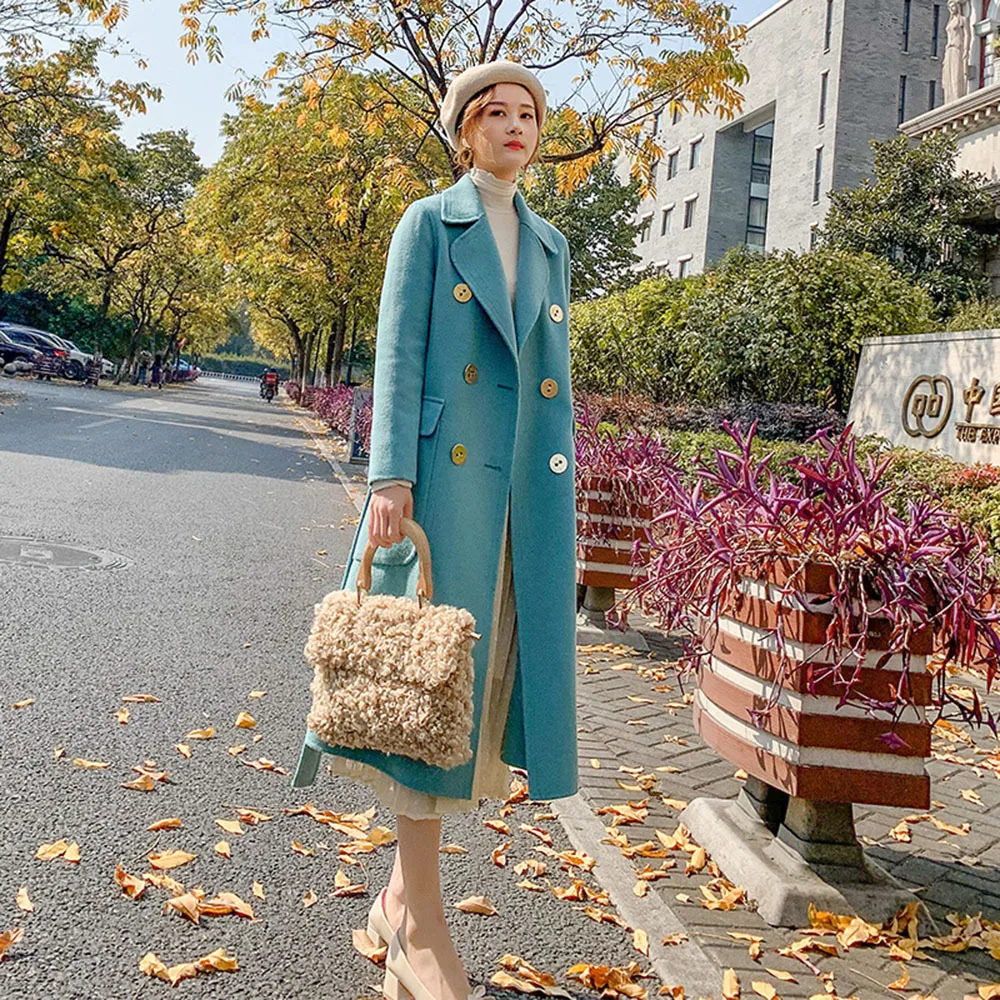 

Korea Version Women Spring Autumn Blue Loose Long Wool Coat Jacket Belt Ladies Woolen Overcoat Cardigan Plus Size Outerwear