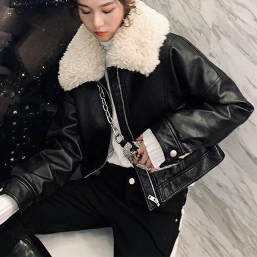 Suit coat retro  flavor spring and autumn plus velvet leather black motorcycle jacket female short 2021 lamb fur collar plus enlarge