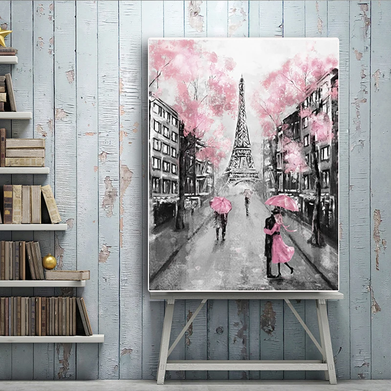 Paris City Eiffel Tower Umbrella On Street Oil Painting Graphic Artwork Canvas Poster Print Cuadros Wall Picture For Living Room | Дом и сад