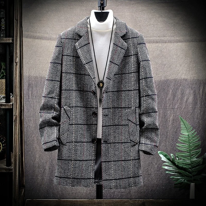 Тренчкот мужской в полоску Модное теплое однобортное пальто средней длины