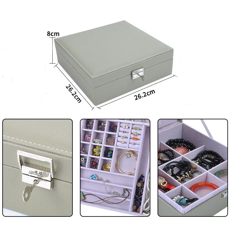

2021 New Double Layers Jewelry Organizer Box Smooth Leather Home Style Display Storage Case Women Gift