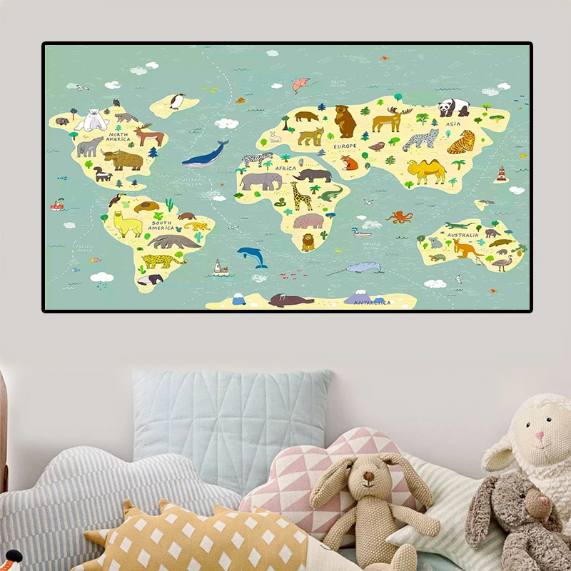 Карта мира с животными экологически чистая Нетканая Картина на холсте настенный