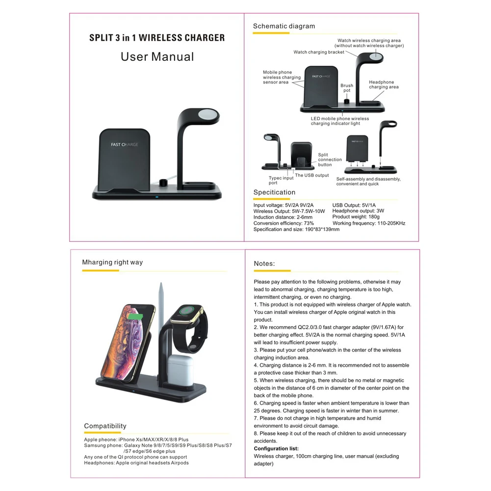 Беспроводное зарядное устройство 3 в 1 беспроводная зарядная подставка для Apple Watch
