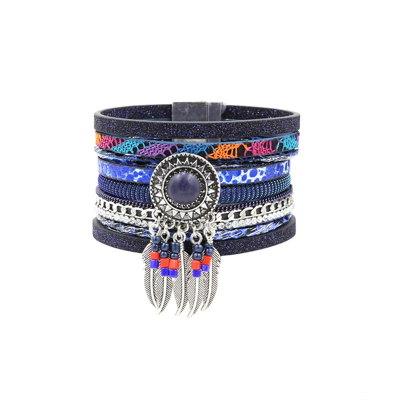 A024-1 dark blue STRATHSPEY Многослойный кожаный браслет для женщин Boheiman бусины Браслеты Винтаж Шарм Магнитная обёрточная бумага нарукавник - Окраска металла: A024-1 dark blue