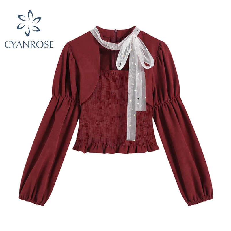 Бордовая женская блузка с пышным длинным рукавом сетчатая комбинированная