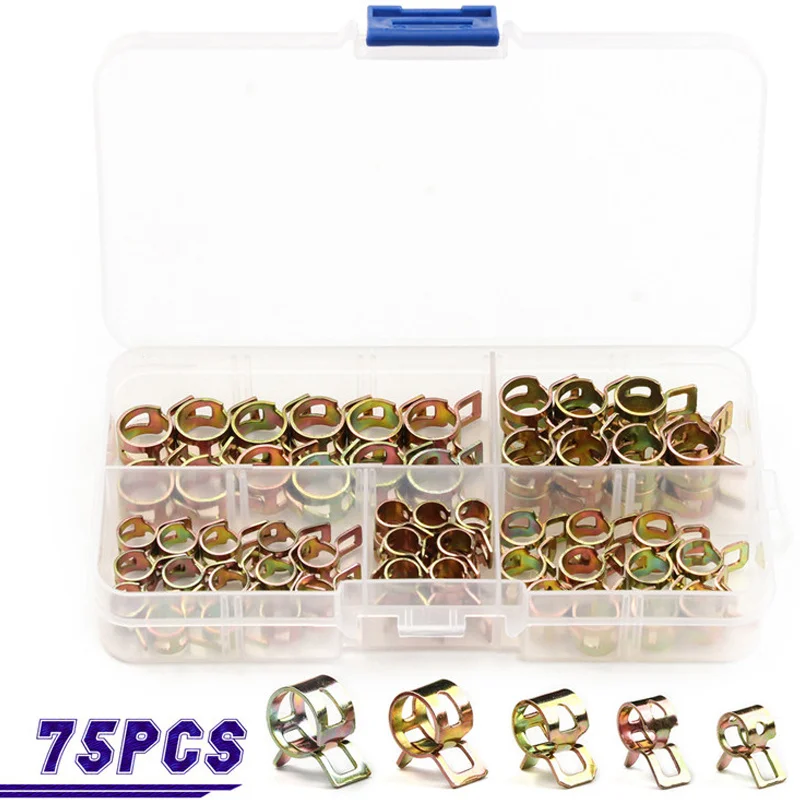 

75PCS Assortment Spring Clip Hose Clamp Fastener Fuel Line Hose Water Pipe Air Tube Car Plumbing Fastener M6-M10 Kit