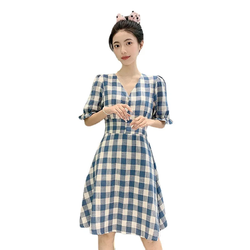 

Summer Close Waist Hepburn Style Dress Temperament Skirt French Platycodon Net Red Plaid Skirt French Dress Women Dress Elegant