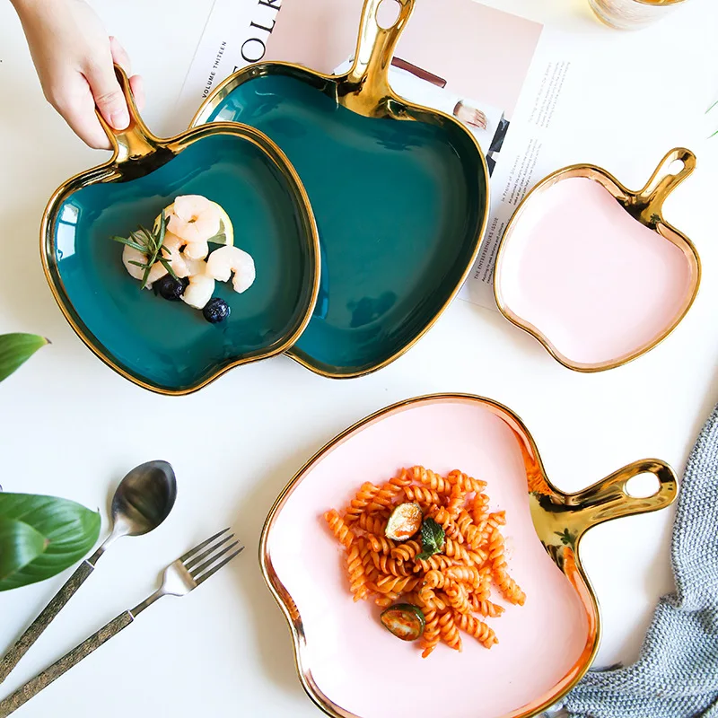 

Creative Apple Dinner Plate with Handle Luxury Storage Tray Food Dessert Fruit Plate Jewelry Trinket Dish Decorative Dinnerware