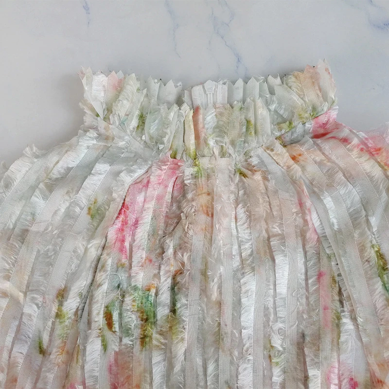 

GALCAUR Print Women's Dress Stand Collar Puff Long Sleeve Ruched Patchwork Ruffles High Waist Hit Color Dresses Female 2021 Tide