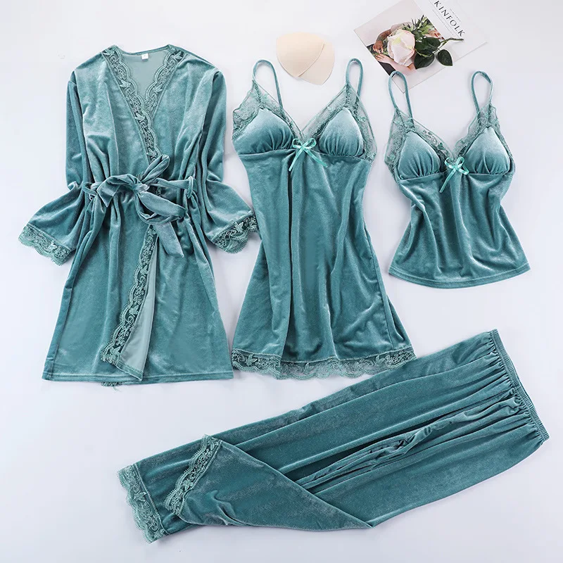 

4Pcs Women Sexy Pajamas Sleepwear For Women Autumn Winter Warm Velvet Lace Winter Pyjama Nightdress Female Night Suit